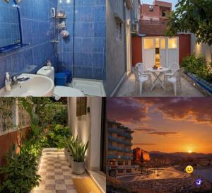 a collage of pictures of a bathroom with a sunset at Résidence belhain jijel in Jijel