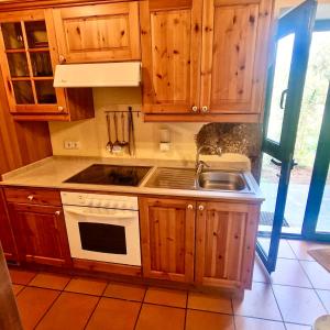 a kitchen with wooden cabinets and a sink at Finca El Lance Zumacal in Firgas