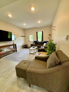 a living room with a couch and a television at The Happy Hive in Bridgton