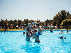 a group of people in the water at a swimming pool at Timber-Lodge in Vessem