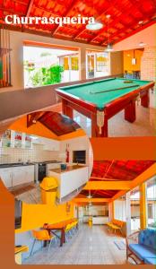 a collage of photos of a kitchen and a pool table at Casa do Loro Hospedagem in Curitiba