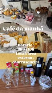 a collage of two pictures of a table with pastries at Casa do Loro Hospedagem in Curitiba +5 photos