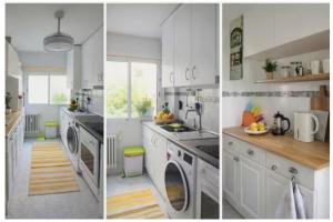 three different views of a kitchen with white cabinets at Luna house in Zaragoza