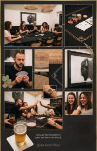 a collage of pictures of a group of people at Luxe Chicago Retreat Game Room, Deck Fire Pit in Chicago