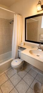 a bathroom with a toilet and a sink and a mirror at H&H Motor Lodge in Idaho Springs +65 photos