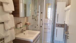 a bathroom with a sink and a shower at Ferienhaus Stricker in Ehrwald +57 photos