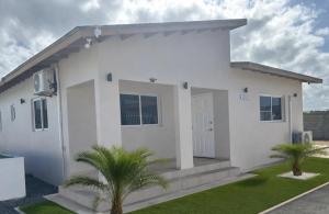 a white house with palm trees in front of it at Hidden Gem Savaneta & Private Pool in Savaneta