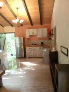 a kitchen with stainless steel appliances and a wooden ceiling at Casa del Río, Vilcabamba in Loja +19 photos