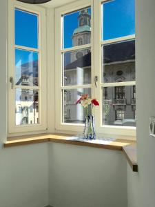 un vase de fleurs assis sur un rebord de fenêtre dans l'établissement Apartments Rathaus 008 - Municipio 008, à Bolzano
