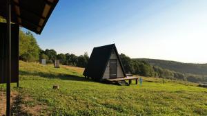 a small cabin with a black roof on a green field at Горный приют in Yabluniv