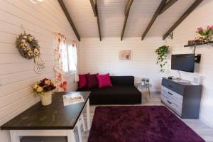 a small living room with a couch and a tv at Przylesie21 in Ustka