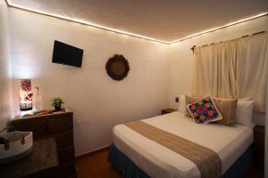 a small bedroom with a bed and a television at Hostal Doña Emma in Pahuatlán del Valle +5 photos