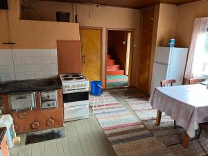 a kitchen with a stove and a refrigerator and a table at Vanha maatilanpihapiiri Patula in Pertunmaa