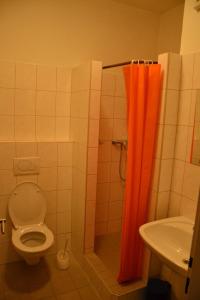 y baño con aseo y cortina de ducha de color naranja. en Motorest a Motel Rohlenka Austerlitz, en Tvarožná