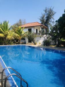a swimming pool in front of a house at Whisky Point Surf Cabanas in Ampara