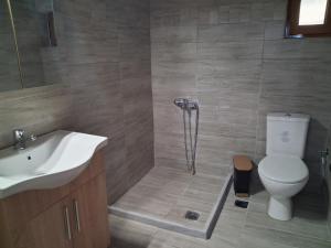 a bathroom with a toilet and a sink and a shower at Makri Guest House in Livanates