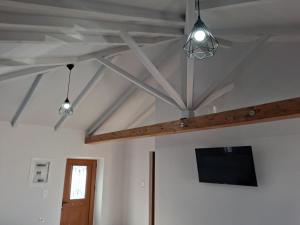a room with two lights and a tv on the ceiling at Makri Guest House in Livanates