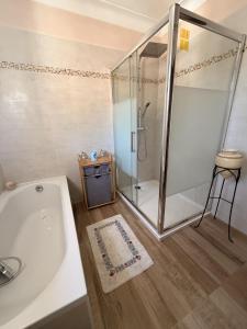 a bathroom with a shower and a white tub at Maison des pruniers in Furiani