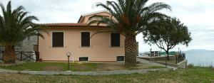 a house with two palm trees in front of the water at Villetta Panoramica in Marciana