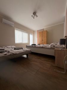 a bedroom with two beds and a television in it at Babzsi Nyaraló in Vonyarcvashegy
