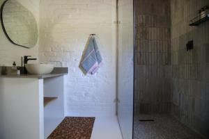 a bathroom with a shower and a sink at Dennehof Karoo Guesthouse in Prince Albert +47 photos