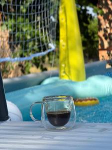 a glass cup of wine sitting on a table next to a pool at BrusNica in Gornji Milanovac