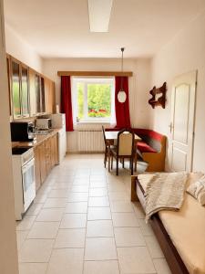 a living room with a kitchen and a table at Soukromý apartmán s vlastním vstupem in Nová Ves