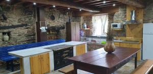 a kitchen with a table with a vase on it at A Casa da Zalaroia, para amantes de la naturaleza in San Mamed