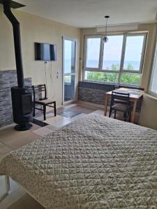 a bedroom with a bed and a room with a fireplace at Закоханий у море in Odesa