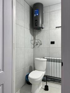 a small bathroom with a toilet and a television at Bon Hostel Kg in Bishkek