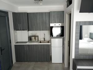 a kitchen with gray cabinets and a sink and a bed at Alivka Apartments in Apolpaina +4 photos