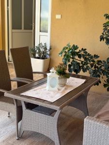 a table with chairs and plants on a patio at Apartments Boss in Budva