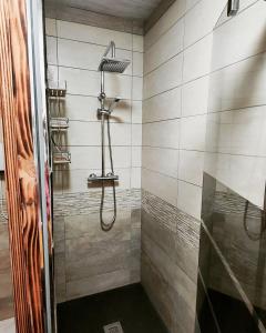 a bathroom with a shower with a glass door at Au Barthas in Caylus +19 photos