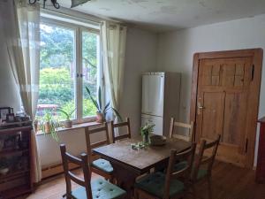a kitchen with a table and chairs and a refrigerator at Herberge Vitopia in Magdeburg
