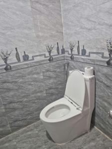 a bathroom with a toilet with vases on the wall at Hyper house hotel in Buôn Ðũng