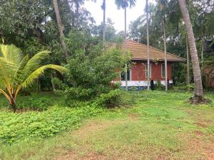 a red house with a palm tree in front of it at SOLITUDE Riverside Holiday Home in Vallikunnu