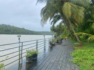 a pathway next to a body of water with a palm tree at SOLITUDE Riverside Holiday Home in Vallikunnu