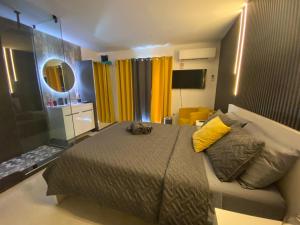 a bedroom with a large bed and a mirror at Private Room-1 in Miami