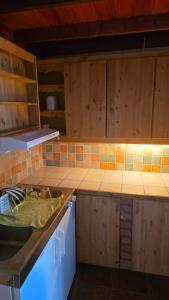 a kitchen with wooden cabinets and a counter top at Fengselet Gjestegård in Leira