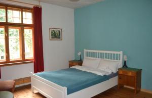 a bedroom with a bed with blue walls and windows at Herberge Vitopia in Magdeburg