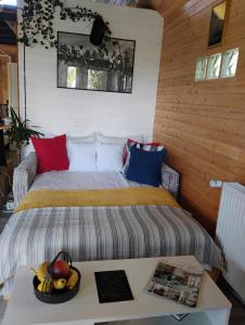 a bedroom with a bed with a bowl of fruit on a table at 479 Tiny House, Domeniul von Agodt in Bradu