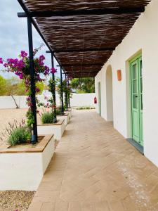 a walkway outside of a building with flowers at Casas do Seixo - Monsaraz in Cabeça de Carneiro