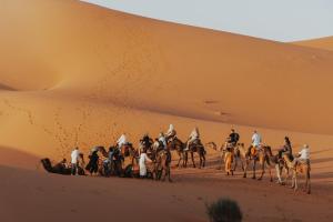 a group of people riding horses in the desert at Kidal Luxury Camp in Adrouine