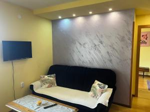 a living room with a black couch and a wall at Apartman Mijovic - Nova Varos in Nova Varoš +4 photos