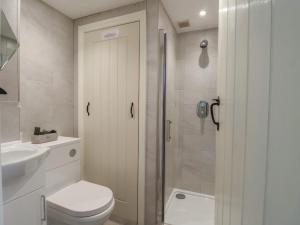 a bathroom with a shower and a toilet and a sink at Wrens Nest in Kingsbridge +26 photos