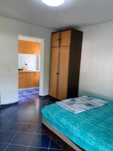 a bedroom with a bed and a wooden cabinet at Vila Nikolic in Lastva +11 photos