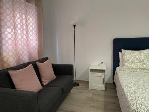 a living room with a couch and a bed at Jandia Arena Habitación con baño - aire acondicionado in Morro del Jable