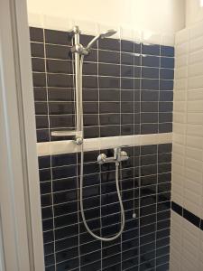 a shower in a bathroom with black tiles at VillaGioveRooms in Prato