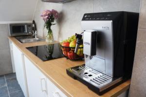 a coffee maker on a counter with a bowl of fruit at Termál Vendégház in Leányfalu