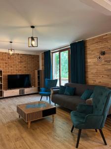 a living room with a couch and a tv at Casa Carolianne in Bran